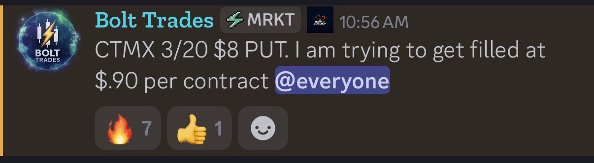 Bolt Trades posting CTMX 3/20 $8 PUT alert to @everyone in Discord