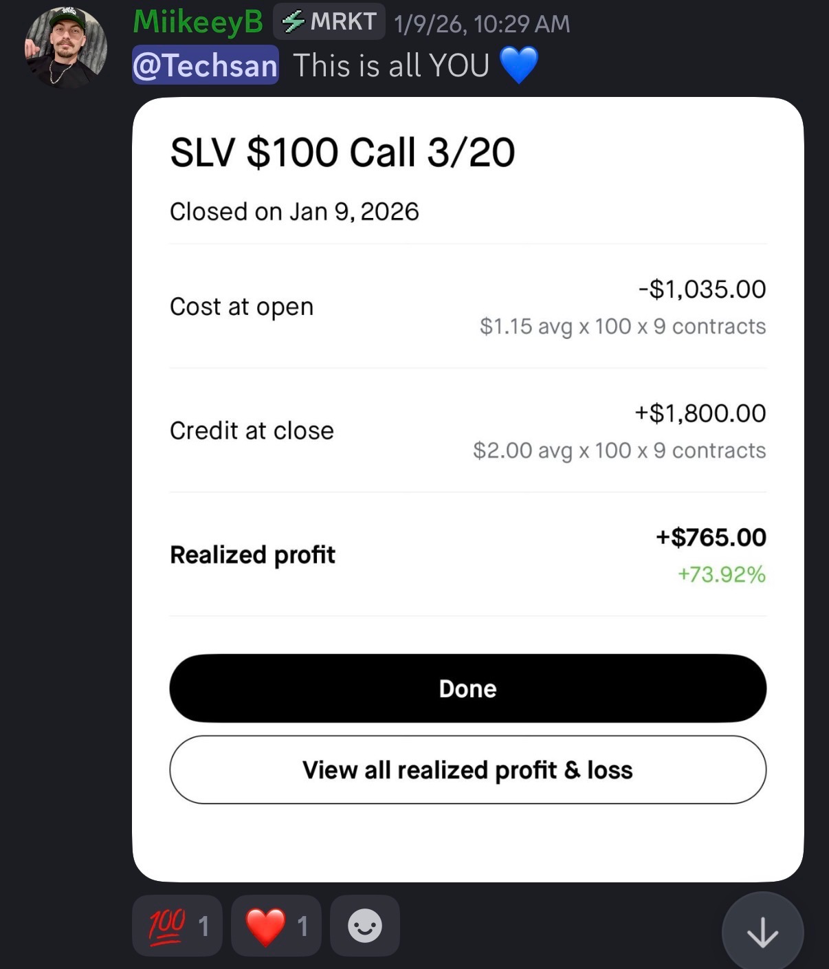 MiikeeyB SLV $100 Call 3/20 — +$765 realized profit
