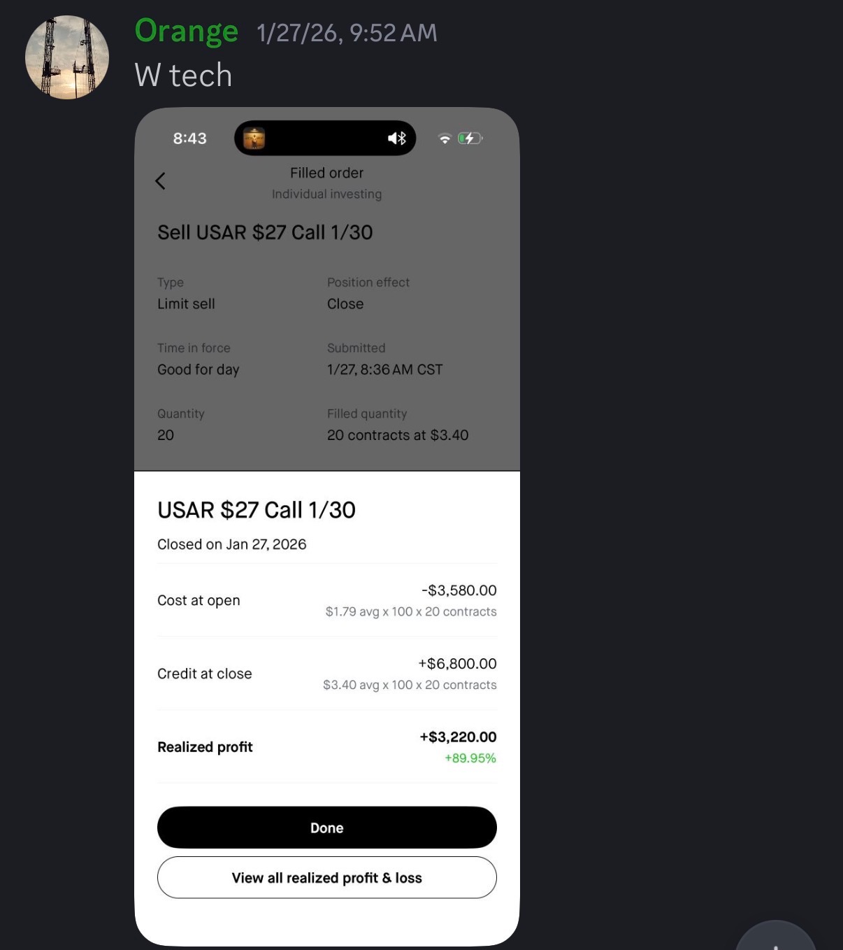 Orange — USAR $27 Call 1/30, +$3,220 realized profit (+89.95%)