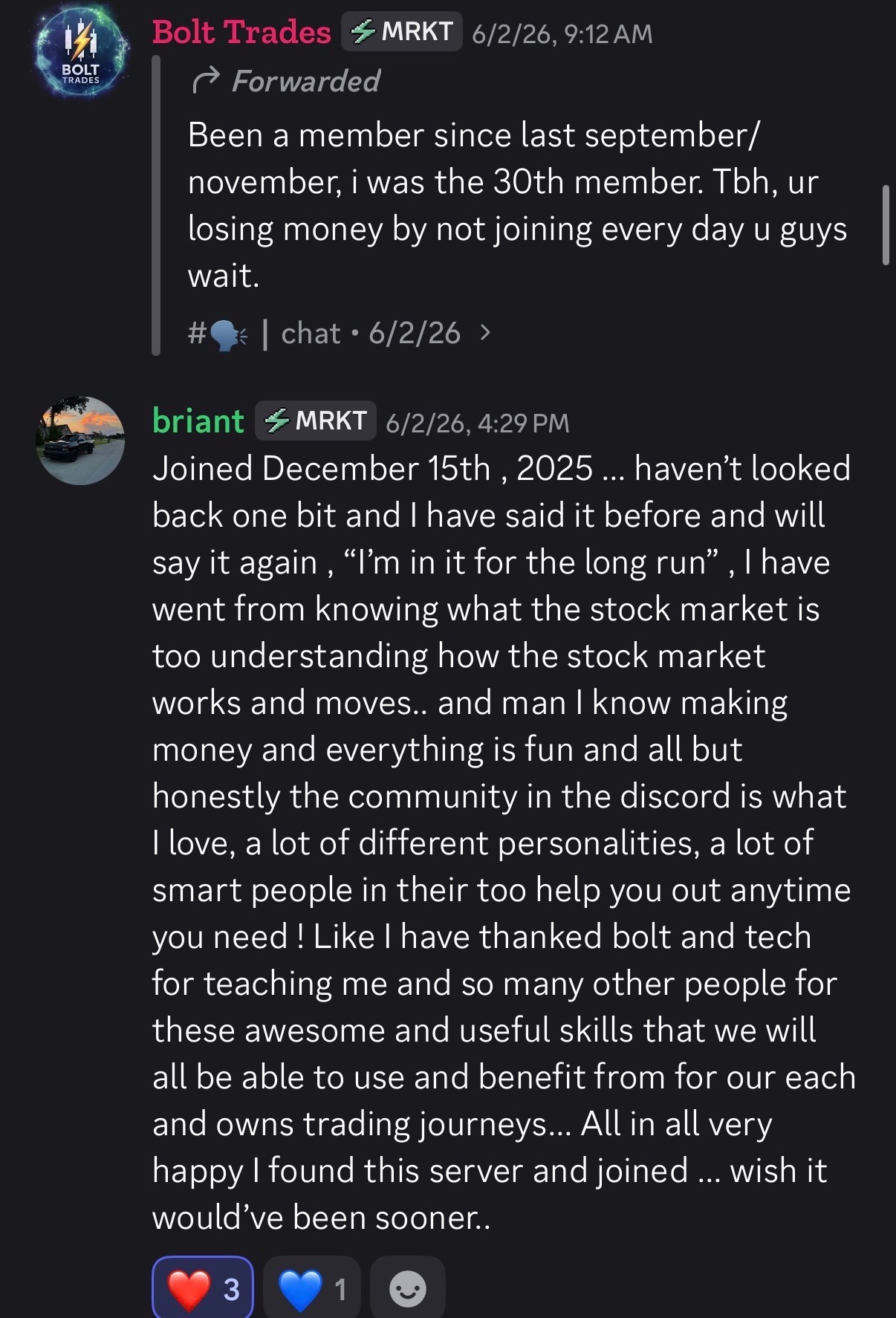 briant's review — member since December 2025, went from knowing nothing to understanding how the market moves, loves the community